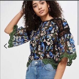 Topshop Floral Peacock Embroidered Crochet Holiday Top size 4